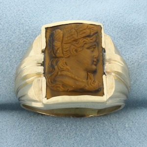 Mens Vintage Carved Tiger&#39;s Eye Cameo Ring in 14k Yellow Gold