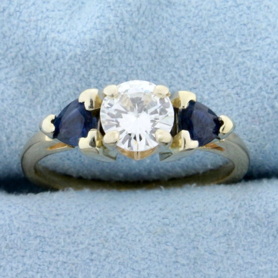 3 Stone Diamond and Sapphire Engagement Ring in 14