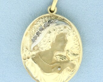 Antikes Diamant-Cameo-Medaillon aus 14 Karat Gelb- und Weißgold