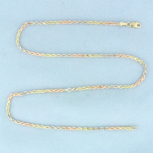 16 Inch Tri-Color Rope Link Chain Necklace in 14k Yellow, Rose, and White Gold