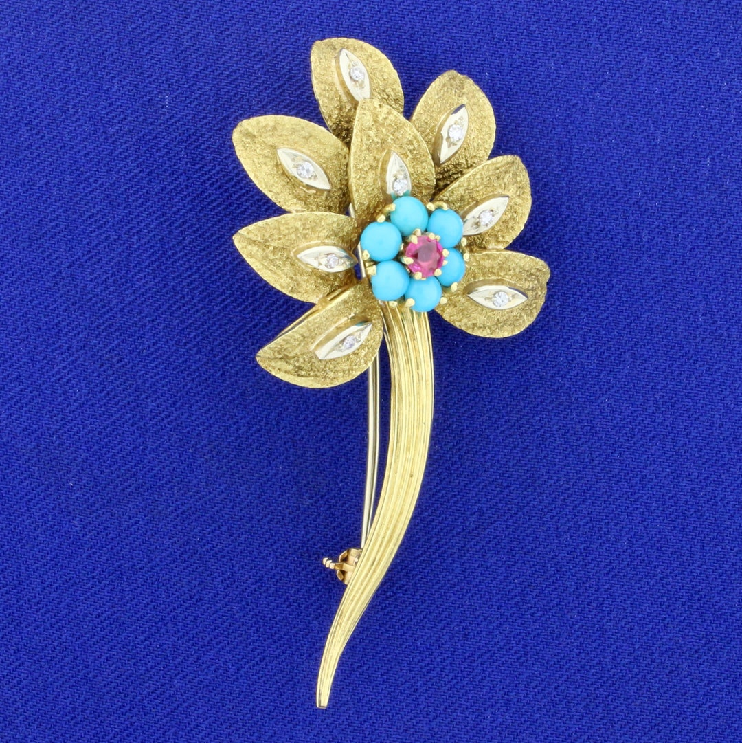 Vintage Designer Turquoise Ruby and Diamond Flower Pin in - Etsy