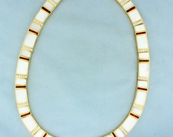 Ruby, Mother of Pearl and Diamond Necklace in 18K Yellow Gold