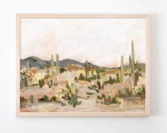 Cactus Fine Art Print of Original Painting "Saguaro", Desert Landscape Wall Art for Home Decor, Horizontal High Quality Canvas Paper Print