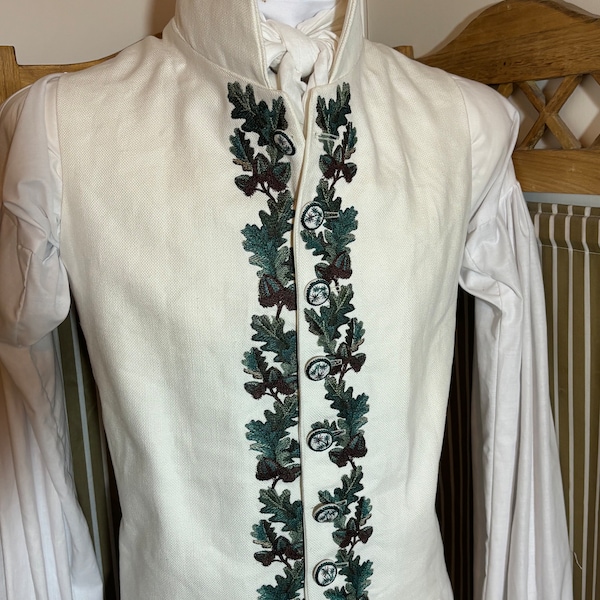 Mens regency style waistcoat.  Ready made chest 39”.  Ivory thick linen embroidered waistcoat