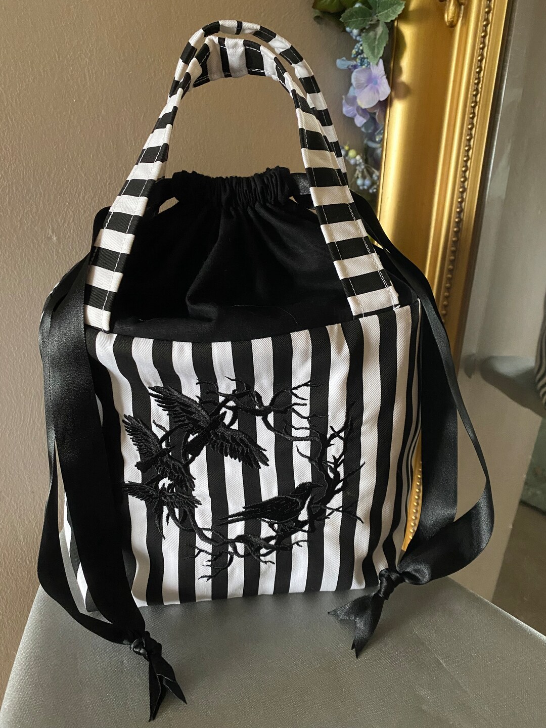 Black and White Striped Raven Bag. Beetlejuice Bag. Ladies Gothic