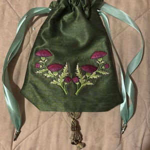 Pure silk embroidered Regency style reticule in olive silk with silk thread and tassel
