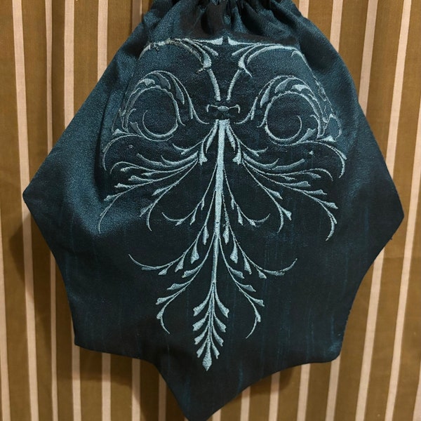 Pure silk embroidered Regency style reticule in teal silk with silk thread tassel