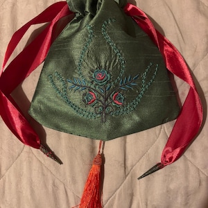 Pure silk embroidered Regency style reticule in olive silk with silk thread and tassel