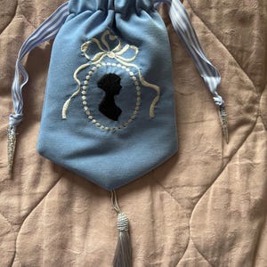 Blue moleskin embroidered Regency style reticule with Jane Austen silhouette and tassel