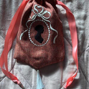 Rust tweed embroidered Regency style reticule with Jane Austen silhouette and tassel