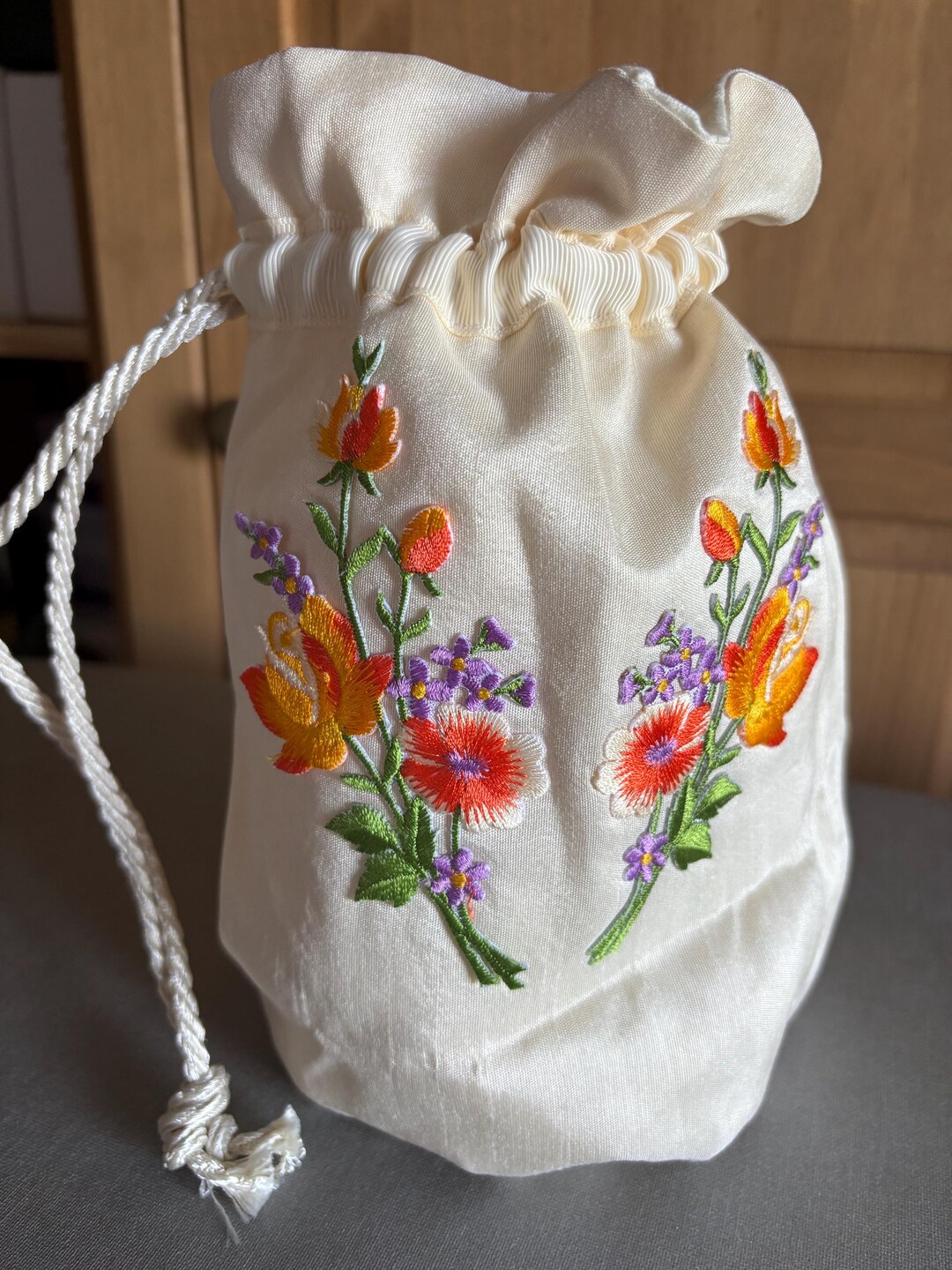 Regency Style Reticule in Ivory Silk Fabric With Orange Floral ...