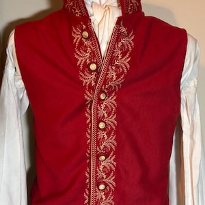 Mens regency style waistcoat.  Ready made chest 36”.  Red wool embroidered waistcoat