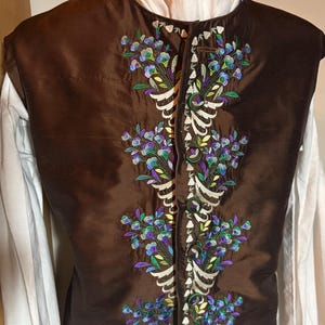 Mens regency style waistcoat.  Ready made chest 42”.  Brown silk embroidered waistcoat