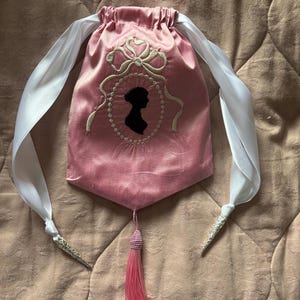Pink pure silk embroidered Regency style reticule with Jane Austen silhouette and tassel