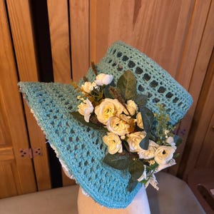 Regency style floral trimmed bonnet.  Hand made poke bonnet in pale turquoise.