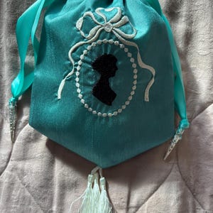 Mint faux silk embroidered Regency style reticule with Jane Austen silhouette and tassel