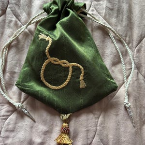 Pure silk embroidered Regency style reticule in olive silk with silk thread and tassel