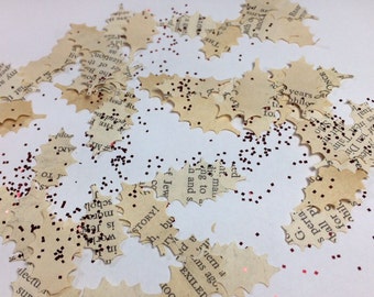 Miniature Holly Leaves Glitter Confetti Table Scatter from Vintage Book Pages with Red Glitter Winter Christmas