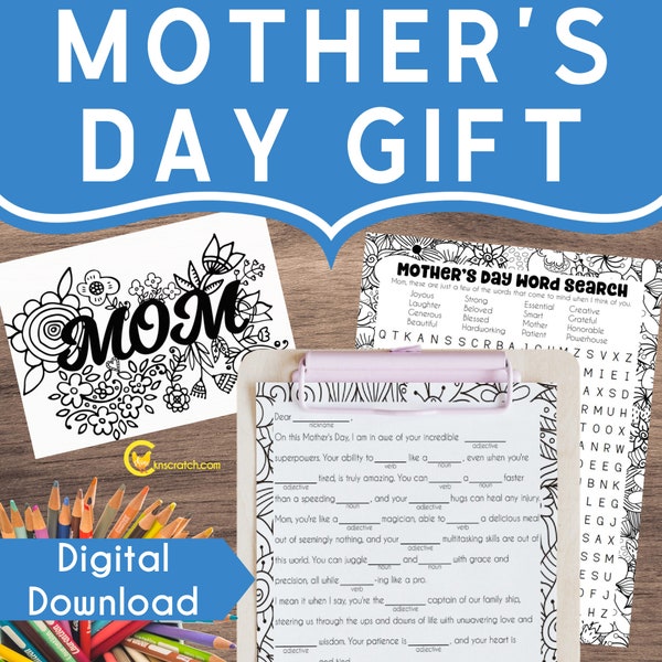 Printable Mother's Day Gift Set with Greeting Card, Word Search, and Fill in the Blank Story, From Tweens, Teens, and Kids for Mom