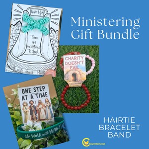 May include: A gift bundle featuring a teal scrunchie on a card with the text Hair Up! There are mountains to climb, a beaded bracelet on a card with the text Charity Doesn't Fail, and a green silicone wristband with the text Walk with Me.
