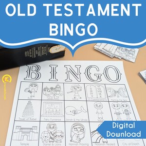 May include: A black and white Old Testament Bingo game sheet with illustrations of biblical stories. The word "BINGO" is at the top, with the words "OLD TESTAMENT" above it. The words "Digital Download" are in a blue banner.