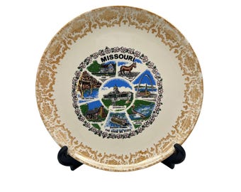 Piatto souvenir del Missouri da 9,25" con rifiniture dorate e punti panoramici, mostrami lo stato