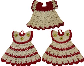 Set di 3 presine vintage all'uncinetto, fatte a mano, per la decorazione della cucina, rosse e bianche, prodotte negli Stati Uniti.