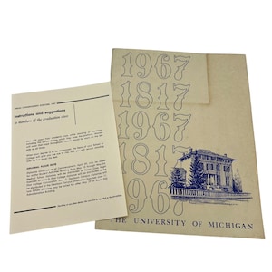 May include: A tan and blue program for the University of Michigan's 1967 commencement ceremony. The program features the university's seal and the year 1967 repeated multiple times. The program also includes instructions and suggestions for graduating students.