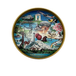 Vintage Washington State Metall Souvenir Kleines Tablett 5,5 ″ Karte Mount Rainier Ferry Ferry Settleover Space Needle Goldfinch Äpfel Dekor