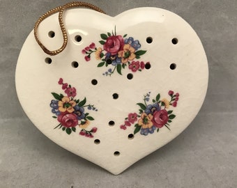 Heart Shaped Pomander White w/ Floral Design - INARCO Japan - 3.75" Across - Potpourri Holder 1960s