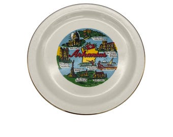 Piatto souvenir vintage dello stato dell'Arkansas da 7,5 pollici, in ceramica da collezione, punti di riferimento panoramici