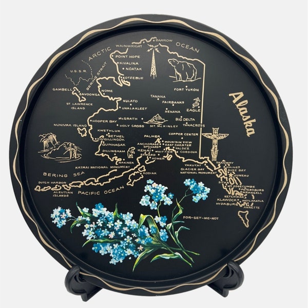 Vintage Alaska Souvenir Metal Tray State Map Flower Forget-Me-Not Black Gold 11"