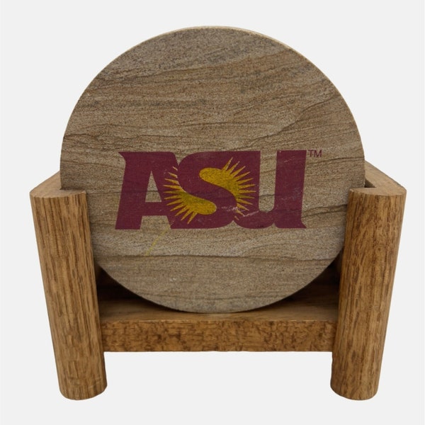 Arizona State University Stoneware Coaster Set w/ Wooden Stand ASU Sun Devils 4"
