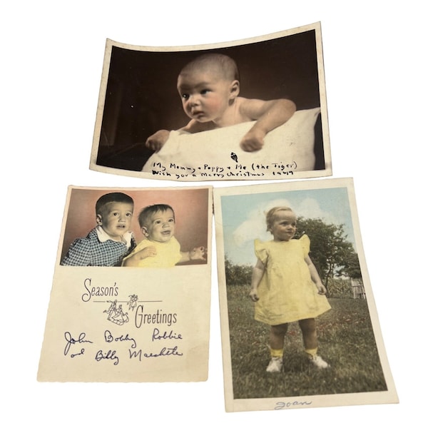 3 Vintage Hand Tinted Photos Children Baby 1940s Photographs