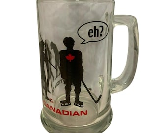 Evoluzione di un boccale da birra in vetro canadese - Dalla scimmia al giocatore di hockey, alto 14 cm, stile vintage