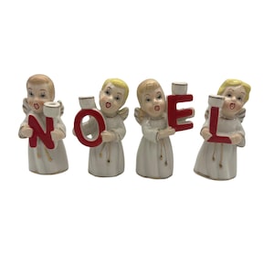 Conjunto de porta-velas de anjo de cerâmica NOEL, vermelho, branco, dourado, decoração de Natal, estatuetas de feriado, 3,75" de altura, conjunto de 4 porta-velas modernos