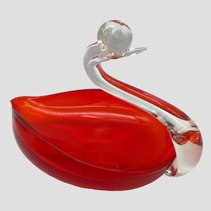 Vintage Art Glass Swan Trinket Dish Ruby Red & Clear 7.5" x 5" MCM