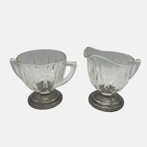 Vintage Saben Glass Creamer and Sugar Bowl Set with Silverplate Bases 3.5&quot;