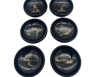 Aizu Lacquerware Bowls (Set of 6): Gold Mt. Fuji Landscape, Mid-Century Japanese Decor