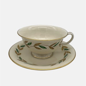 Castleton China Alberta Footed Cup & Saucer Set USA Leaves Design Gold Trim