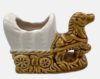 Vintage Ceramic Toothpick Holder Covered Wagon & Horse Figurine 4&quot; x 2.5&quot;
