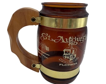 Tazza vintage in vetro ambrato Siesta Ware St. Augustine Florida da 5 pollici con manico in legno
