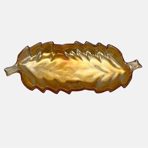 Vintage Leaf-Shaped Carnival Glass Dish Double Stems Marigold 11&quot; x 4.5&quot; Snack