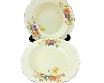 Vintage W.S. George Lido Canarytone Pair of Rimmed Soup Bowls 8" Floral Pattern