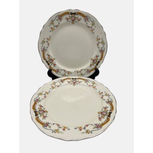 Puede incluir: Dos platos de cena de cerámica blanca con un patrón floral en tonos de rosa, amarillo y azul. Los platos tienen un borde festoneado y un borde dorado.