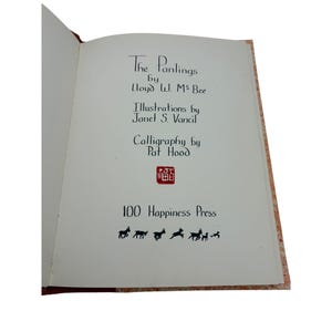 May include: An open book page with the title "The Panlings" by Lloyd W. Ms Bee. The page also lists illustrations by Janet S. Vancil and calligraphy by Pat Hood. A red square symbol is present. The text "100 Happiness Press" is at the bottom of the page.