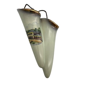 Vintage 6&quot; Bad Kissingen Germany Ceramic Wall Pocket w/ Gold Trim Souvenir Hanging Vase European Decor
