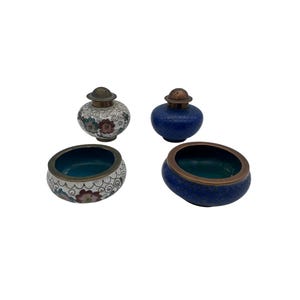 Miniature Cloisonné Set Salt Bowl & Shaker Pair Vintage Chinese Brass Enamel