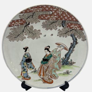 Vintage japanische handbemalte Keramikplatzteller Geisha Design 32 cm