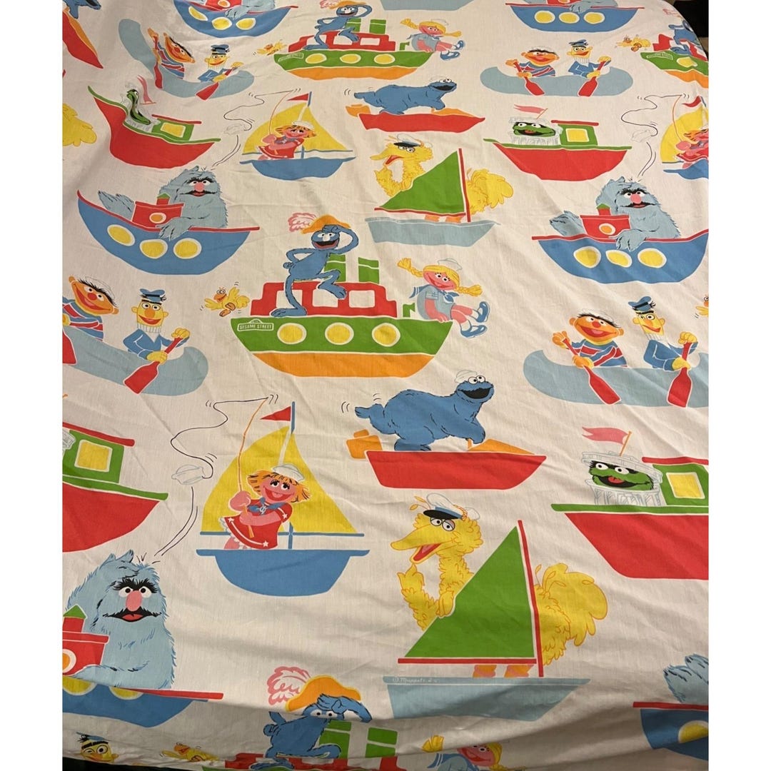 Vintage Sesame Street Twin Top Sheet Burlington Made in USA Boat Theme ...
